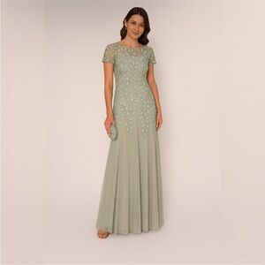 Adrianna Papell Sage Green Beaded Mesh Gown SZ 18 Formal Evening Maxi Dress MOB
